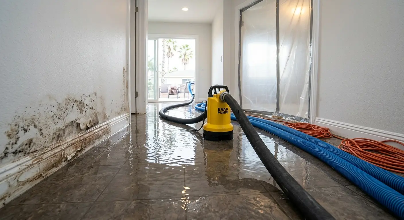 Emergency water extraction and removal equipment operating in a flooded Oceanside CA home