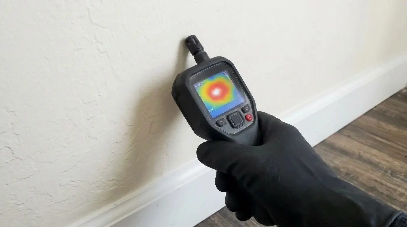 A close-up of gloved water damage technician in Oceanside, CA using a thermal imaging moisture meter against a white wall to detect hidden leak damage