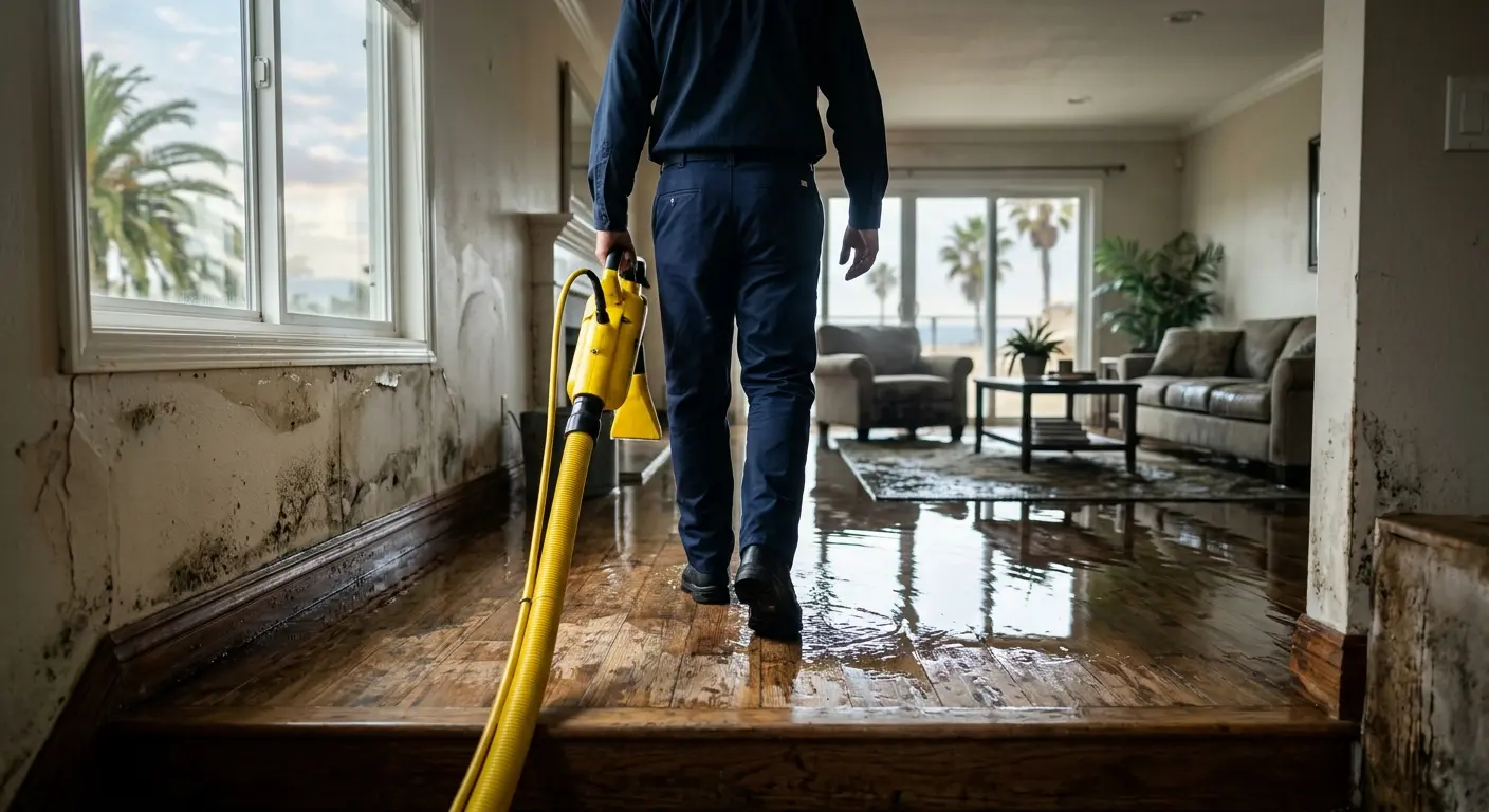 Water damage restoration technician holding extraction equipment to remove standing flood water from a hardwood floor in an oceanside home